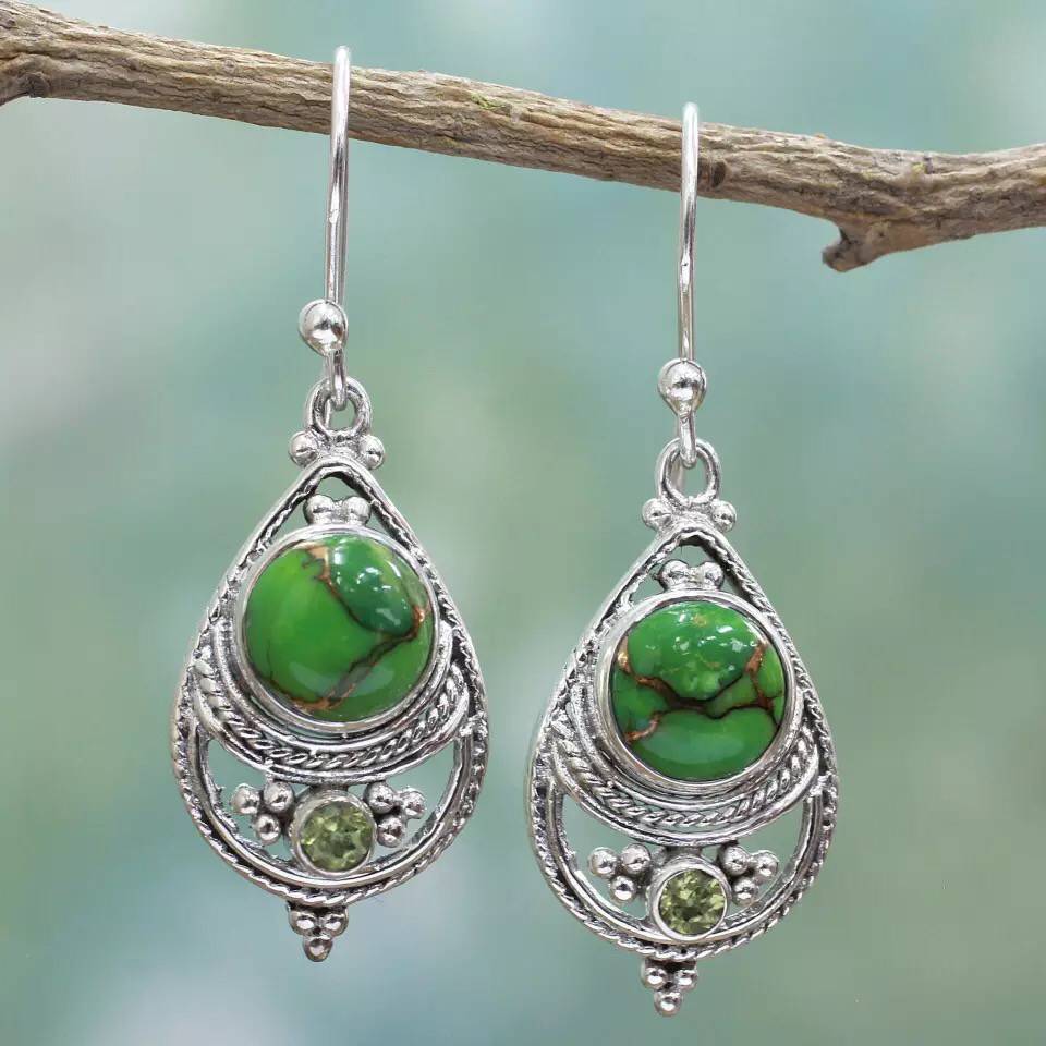 Green Turquoise-Look Antique Teardrop Hook Earrings