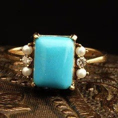 Turquoise-Look Rectangle Pearl-Look Accent Ring