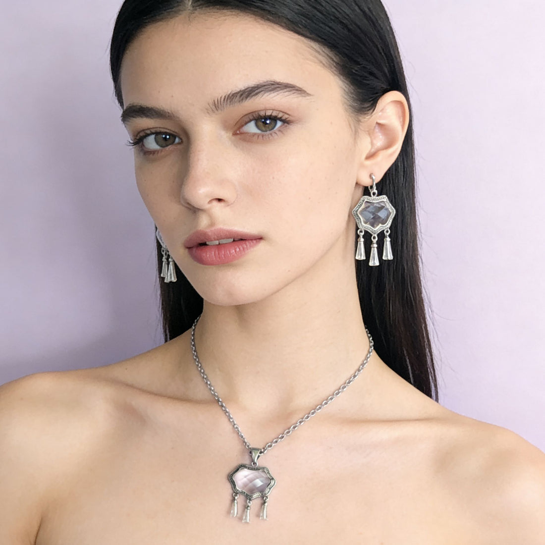 Crystal Tassel Pendant Necklace and Earrings Set