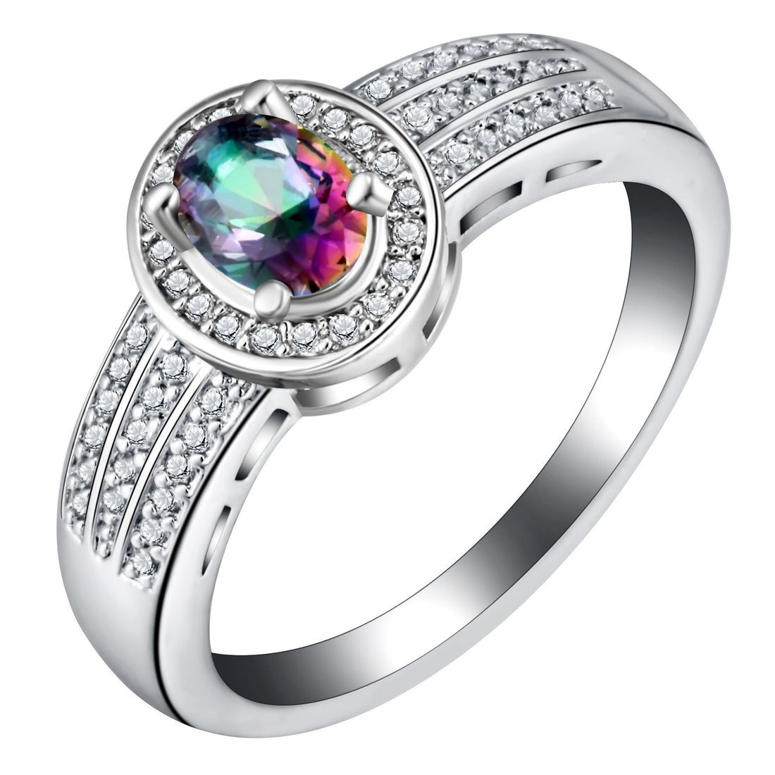 Rainbow Mystic Oval CZ Wide Halo Ring