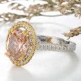 Peach Oval CZ Gold Halo Two-Tone Ring