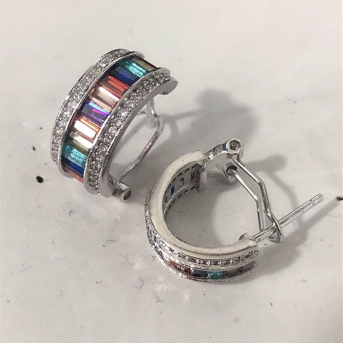 Rainbow Baguette CZ Wide Channel Hoop Earrings