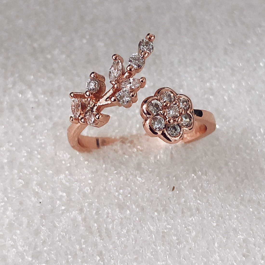 Rose Gold CZ Leaf Flower Ring