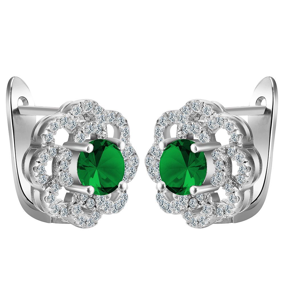 Green Round CZ Quatrefoil Lace Leverback Earrings