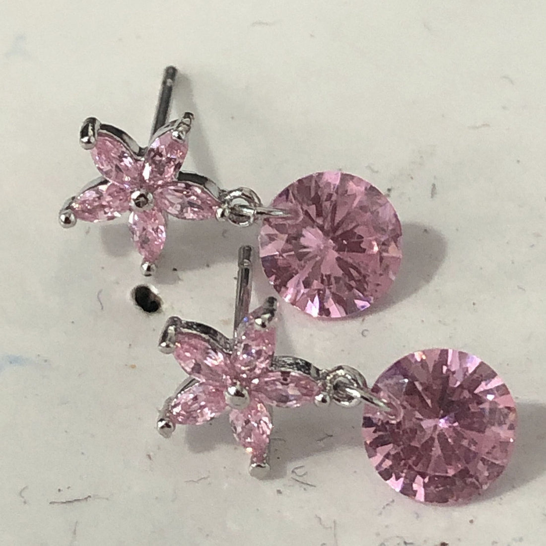Pink CZ Star Flower Round Drop Earrings