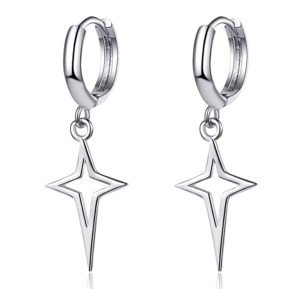 Silver Open Star Cross Huggie Drop Earrings