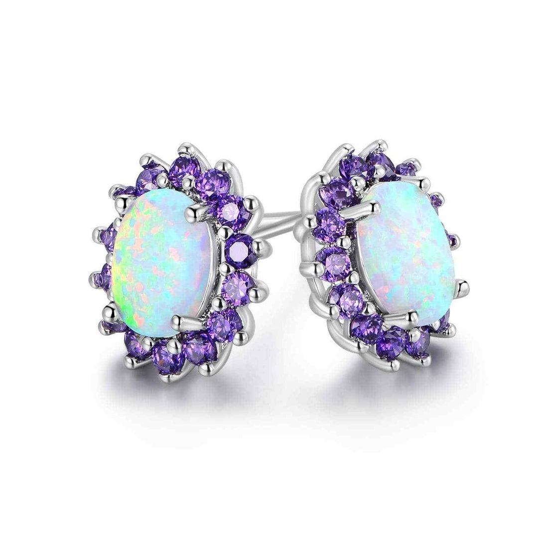 Opal-Look Oval Purple CZ Halo Stud Earrings