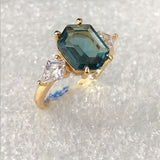 Teal Hexagon CZ Trillion Side-Stone Ring