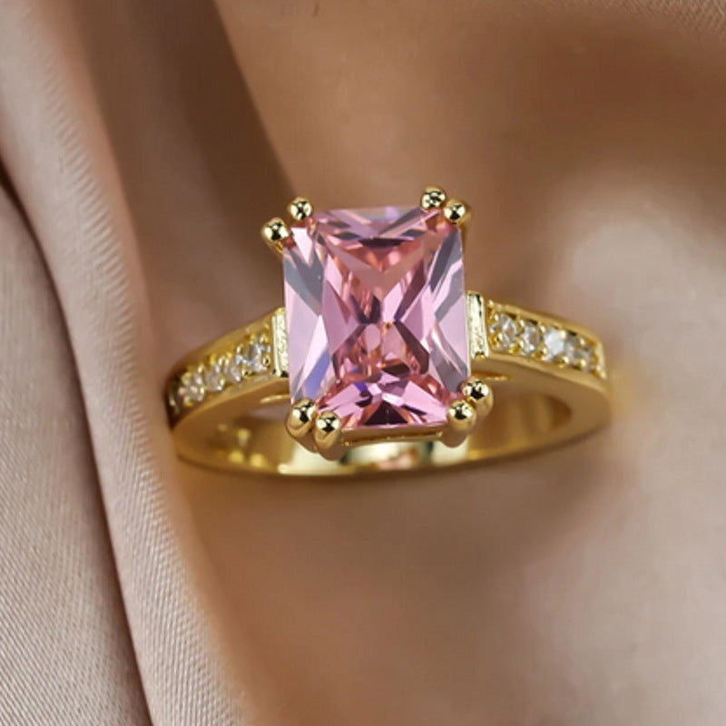 Pink Emerald-Cut CZ Solitaire Ring