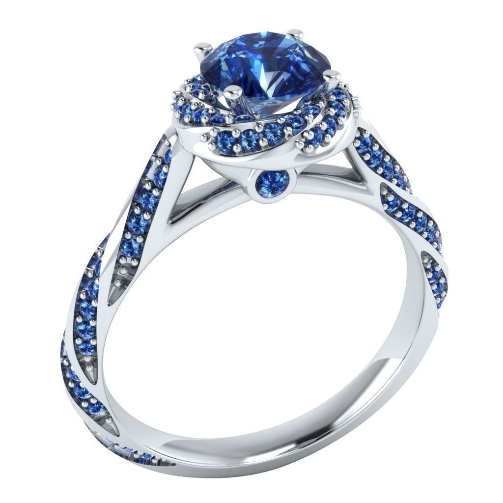 Sapphire-Blue Round CZ Halo Twist Shank Ring