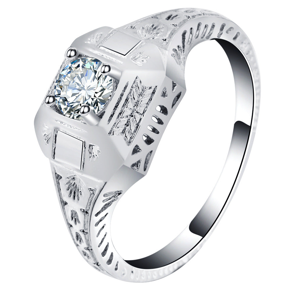 Round CZ Engraved Men's Signet Ring