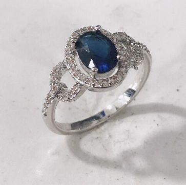 Sapphire-Blue Oval CZ Openwork Halo Ring