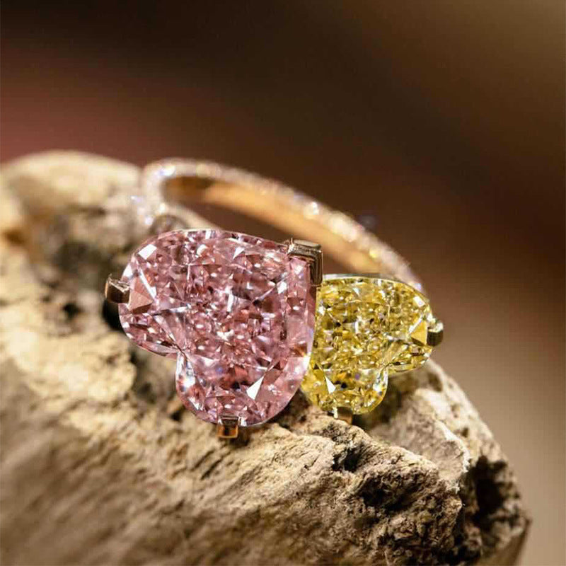 Pink and Yellow Heart CZ Toi Et Moi Ring