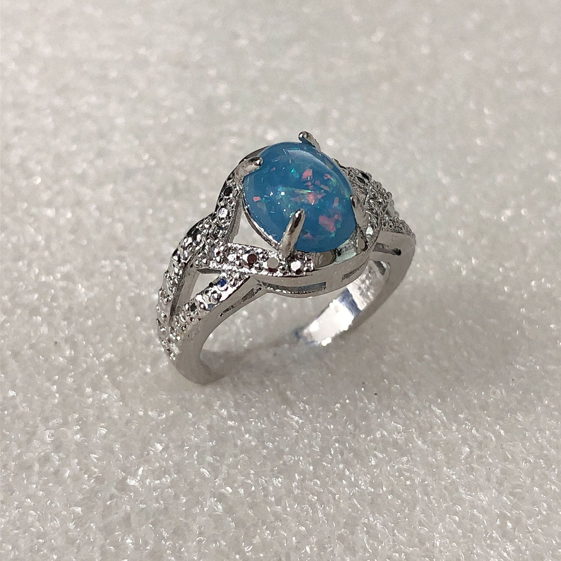 Blue Opal-Look Oval Leaf Shoulder Ring