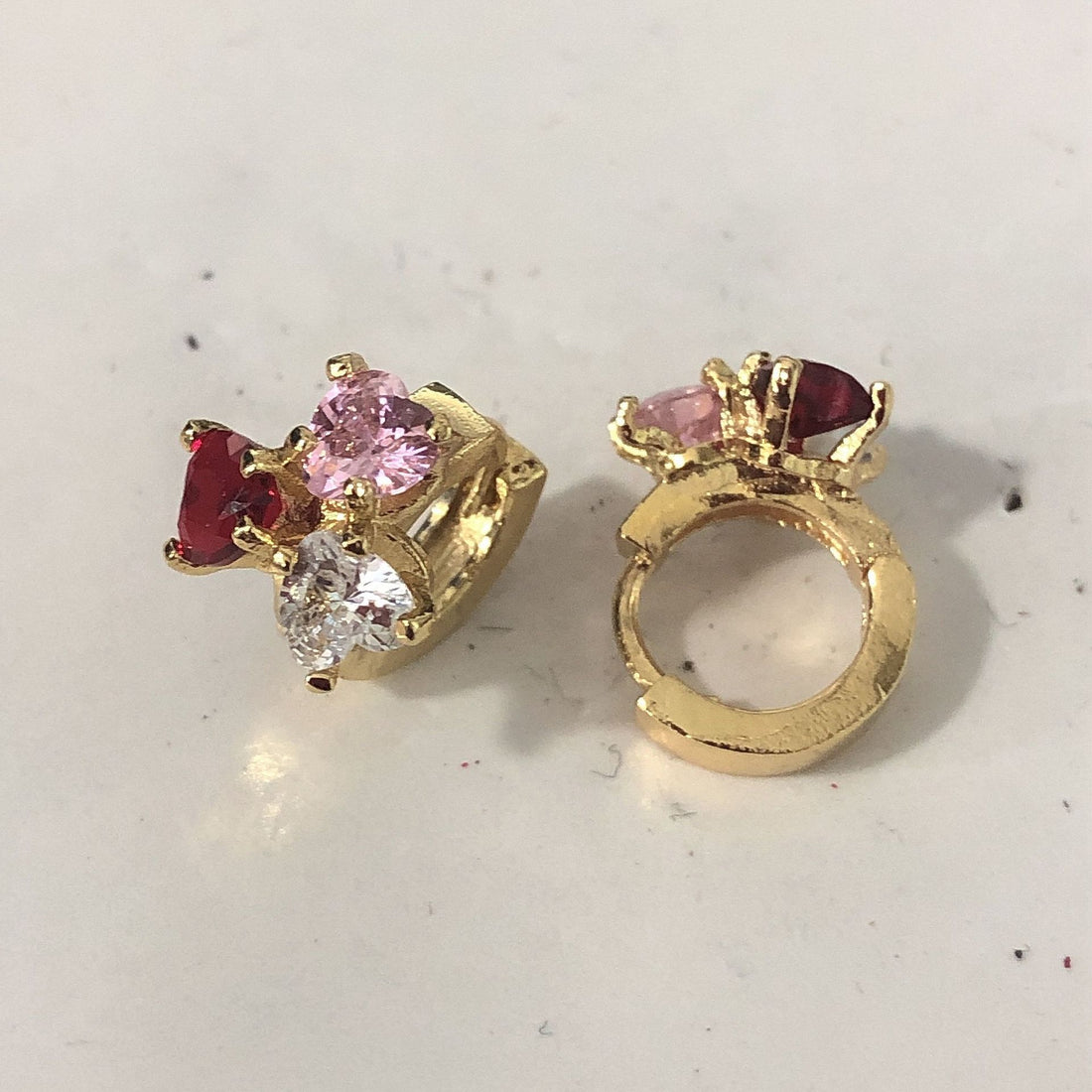 Pink Red Heart CZ Cluster Huggie Earrings