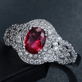 Ruby-Red Oval CZ Halo Woven Ring