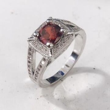 Garnet-Red Cushion CZ Split-Shank Halo Ring