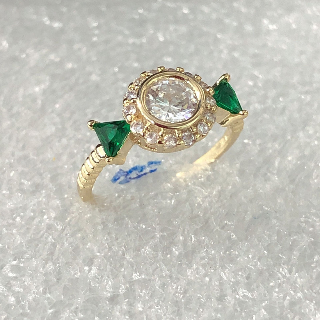 Clear Round CZ Halo Green Trillion Ring