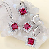 Ruby-Red Princess CZ Starburst Halo Jewelry Set
