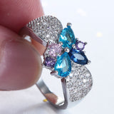 Aqua and Purple CZ Flower Cluster Pave Ring