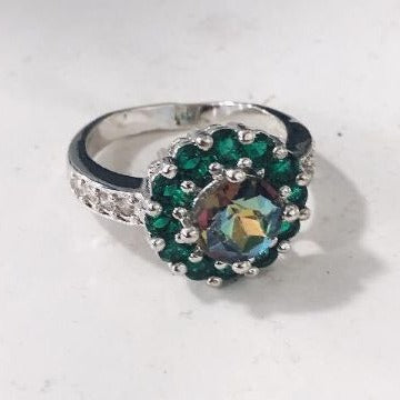 Rainbow Mystic CZ Green CZ Flower Halo Ring