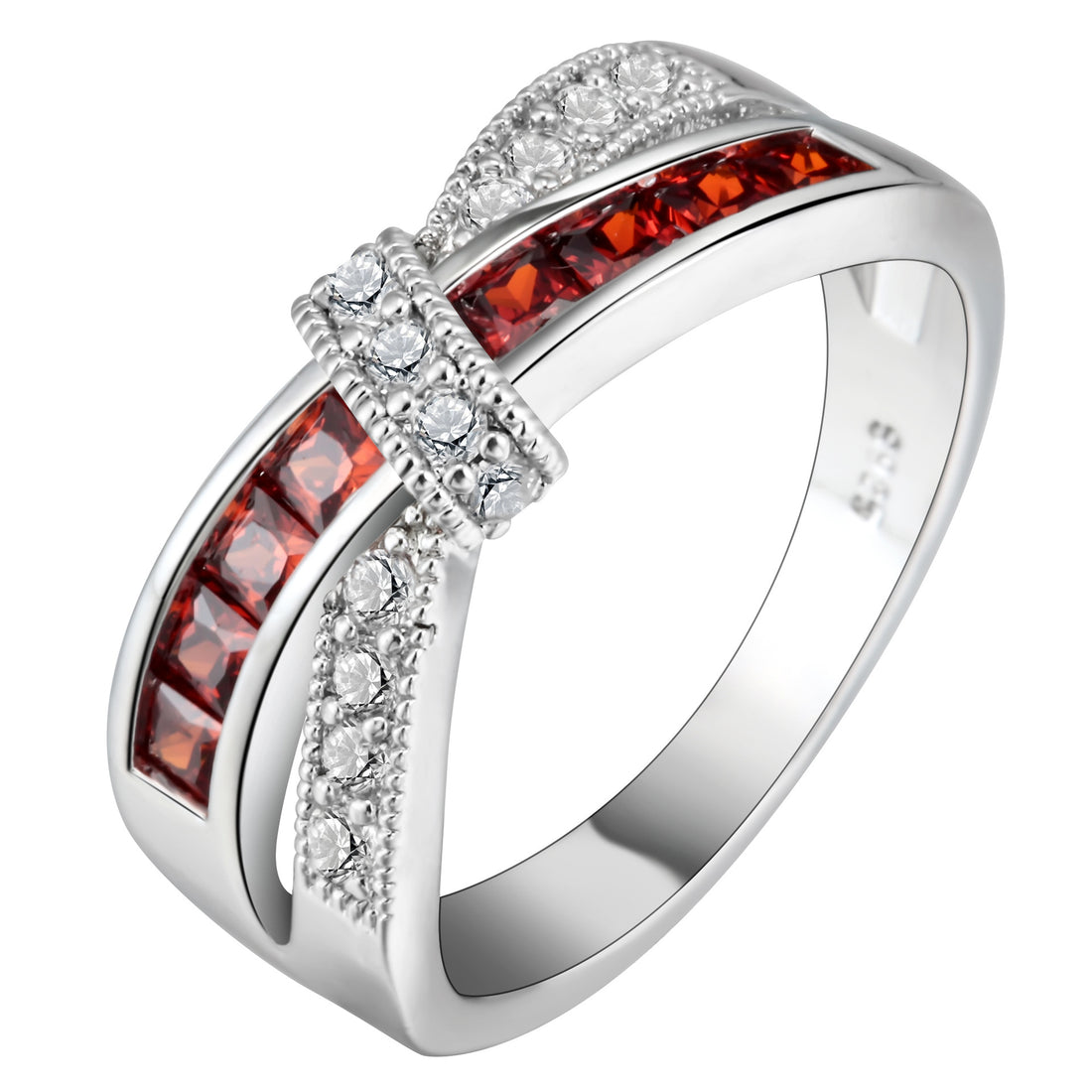 Garnet-Red Channel CZ Crisscross Bow Ring