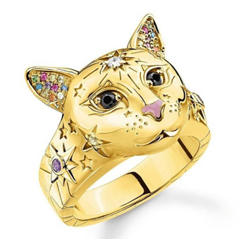 Gold Cat Face CZ Ring
