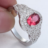 Ruby-Red Oval CZ Halo Woven Ring