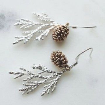 Silver Cypress Branch Pinecone Drop Earrings