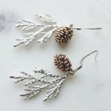 Silver Cypress Branch Pinecone Drop Earrings