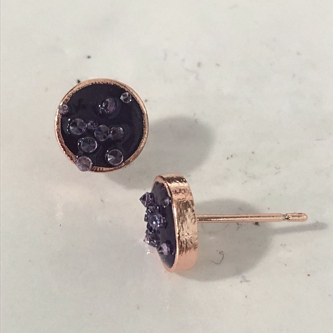 Black Enamel Crystal Disc Stud Earrings