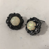 Blue Opal-Look Black Flower Stud Earrings
