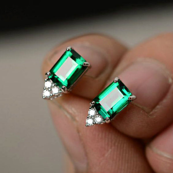 Emerald-Green Rectangle CZ Stud Earrings