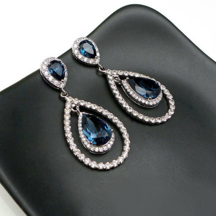 Sapphire-Blue Pear CZ Double Halo Drop Earrings