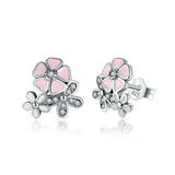 Pink Enamel Three-Flower CZ Stud Earrings