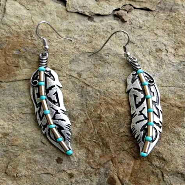 Turquoise-Look Bead Feather Drop Earrings