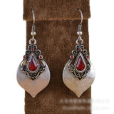 Ruby-Red Teardrop Leaf Antique Drop Earrings