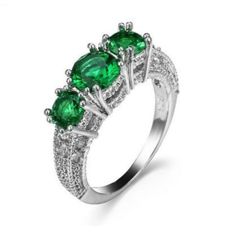 Emerald-Green Round CZ Three-Stone Pave Ring