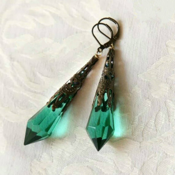 Green Crystal Point Filigree Drop Earrings