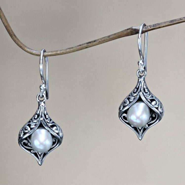 Pearl-Look Filigree Teardrop Dangle Earrings