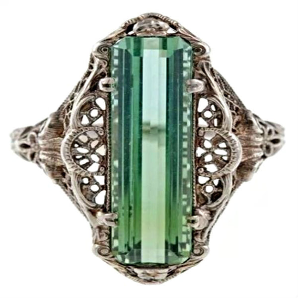Mint-Green Baguette Filigree Art Deco Ring