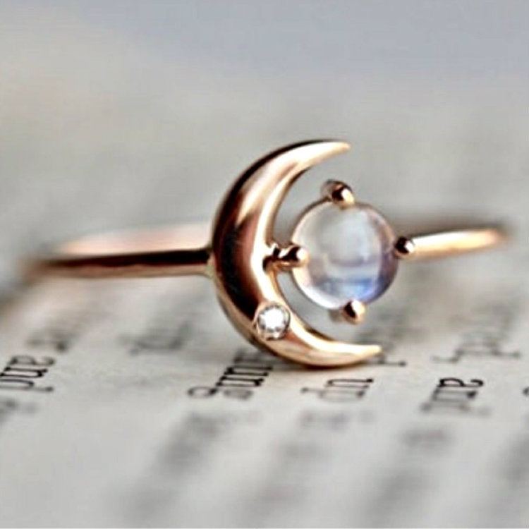 Crescent Moon Moonstone-Look Rose Ring