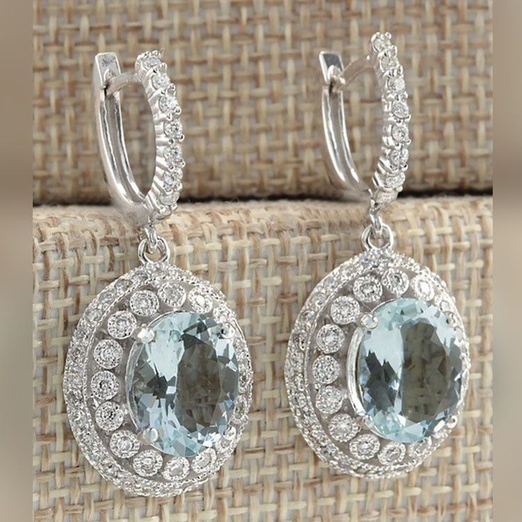 Aqua Oval CZ Double Halo Drop Earrings