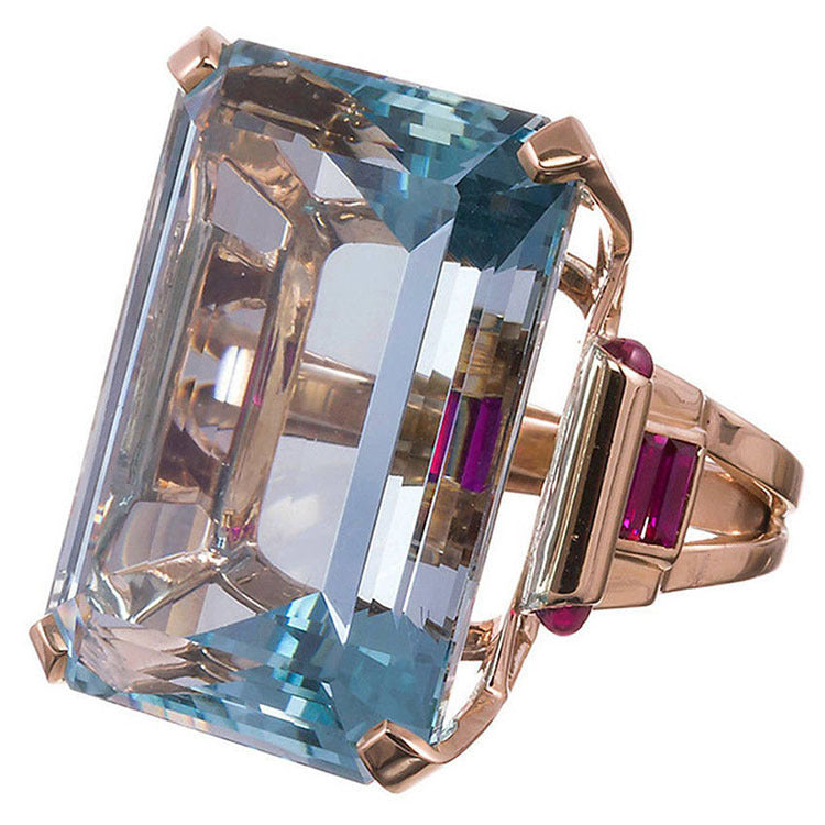 Aqua Emerald-Cut Rose Gold Statement Ring
