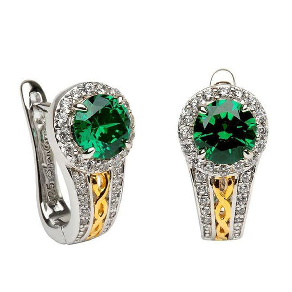 Emerald-Green Round CZ Halo Lever-Back Earrings