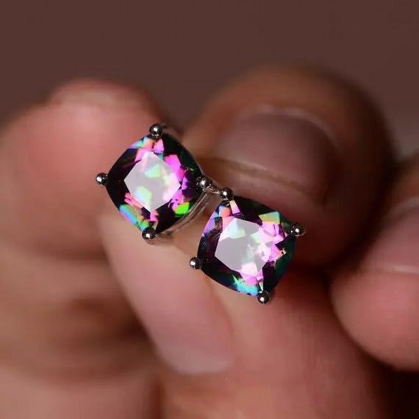 Rainbow Cushion CZ Stud Earrings