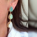 Opal-Look Triple Pear Halo Chandelier Earrings