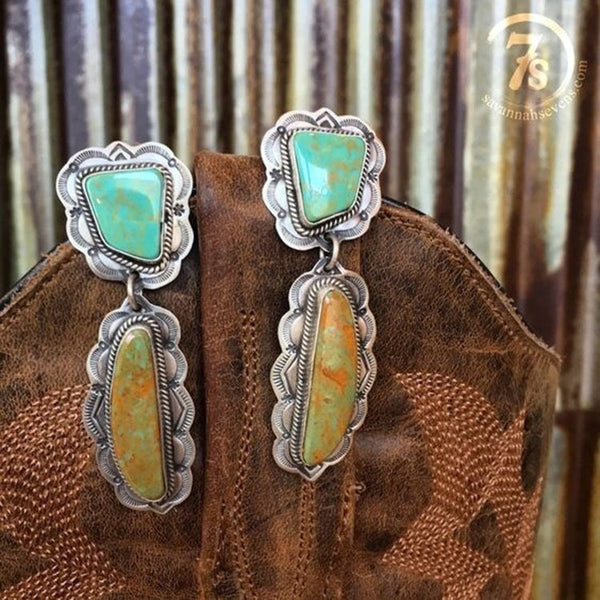 Turquoise-Look Double Stone Western Drop Earrings