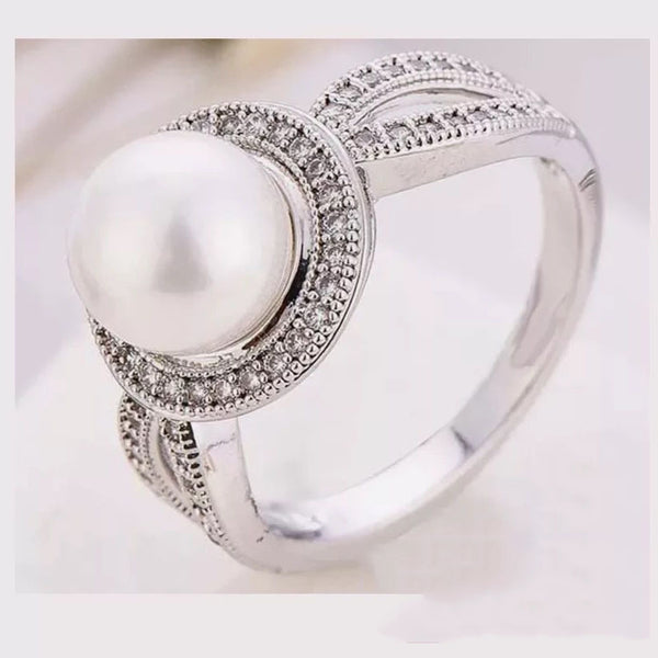 Pearl-Look Pave Swirl Halo Ring