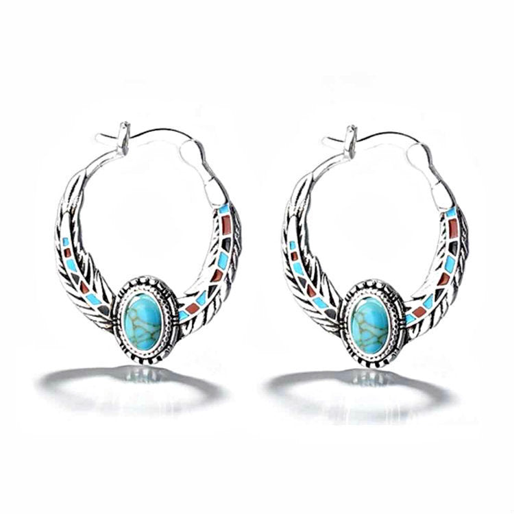 Turquoise-Look Tribal Enamel Hoop Earrings
